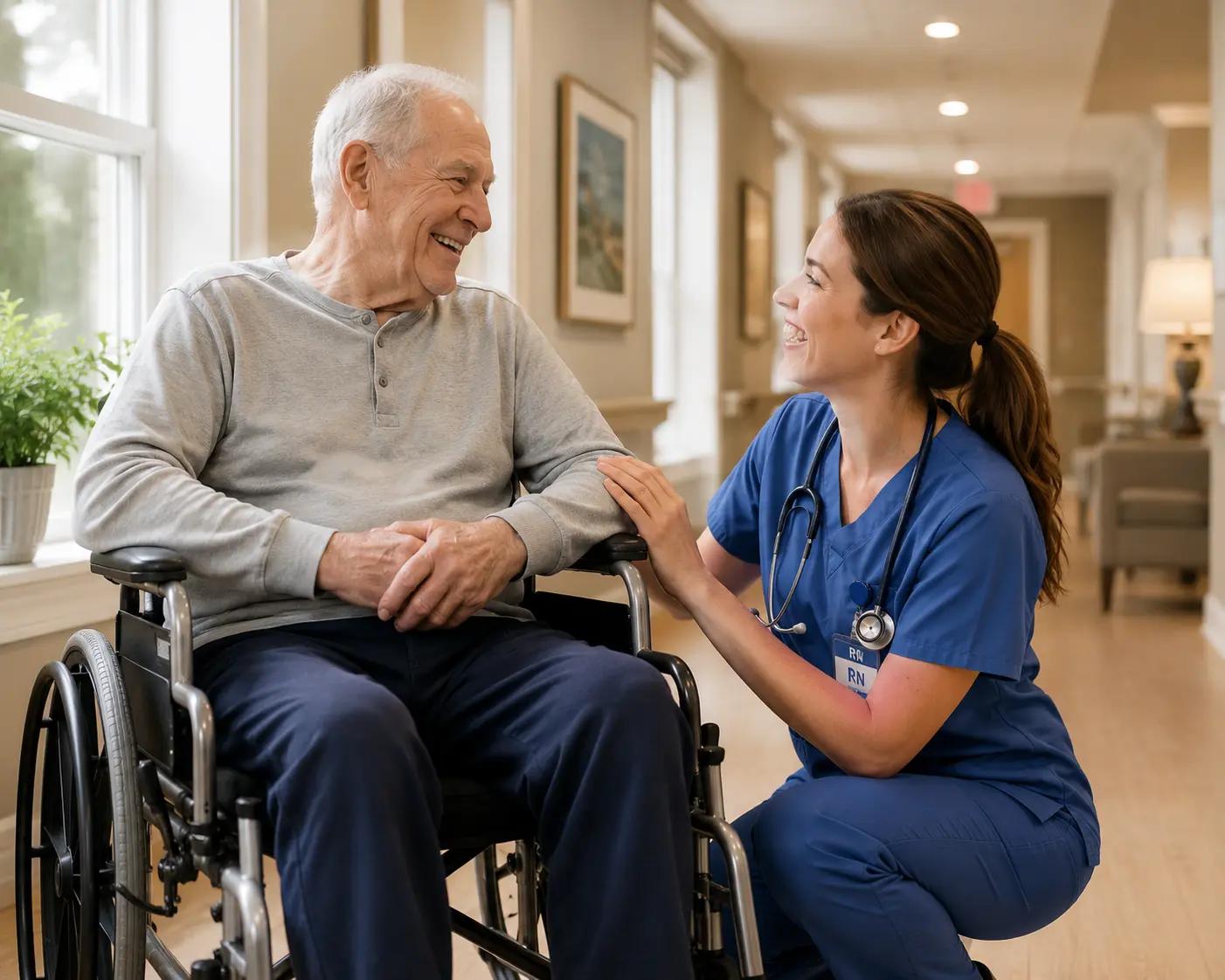 Senior man talking with a nurse at a skilled nursing care facility