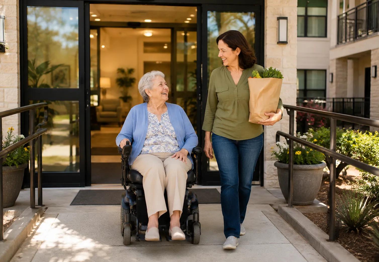 Senior woman in a wheelchair at a step-free entrance, a housing option for seniors with physical disabilities
