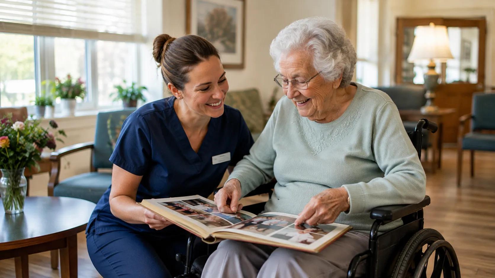 Aide and senior in wheelchair sharing a photo album in a nursing home