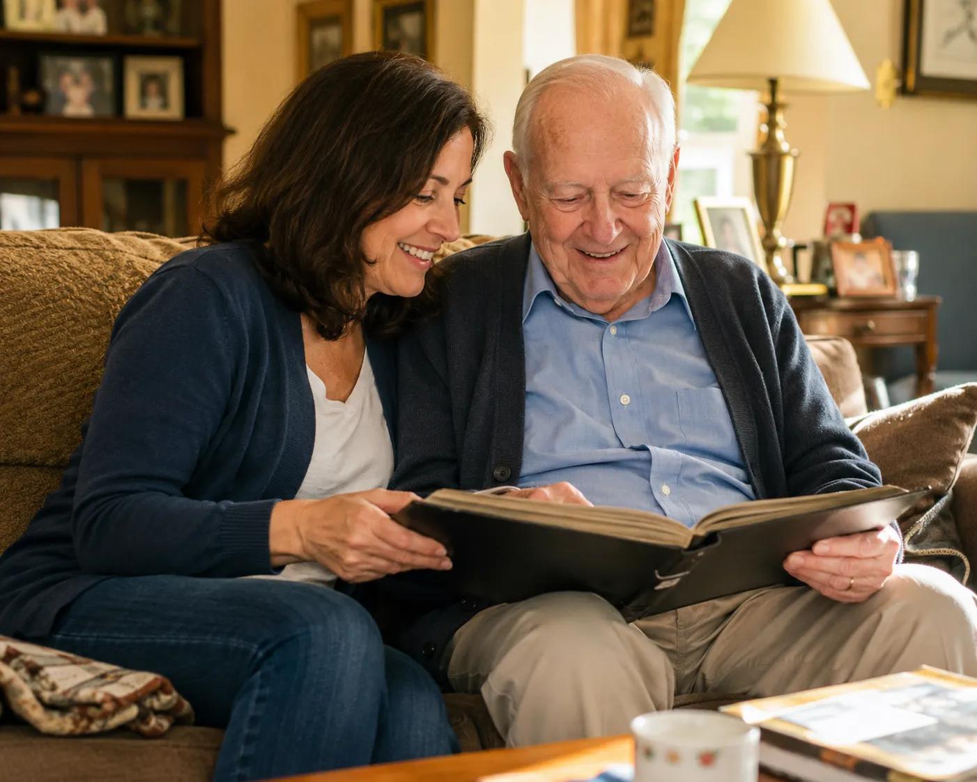 Adult daughter and elderly father talking at home about assisted living