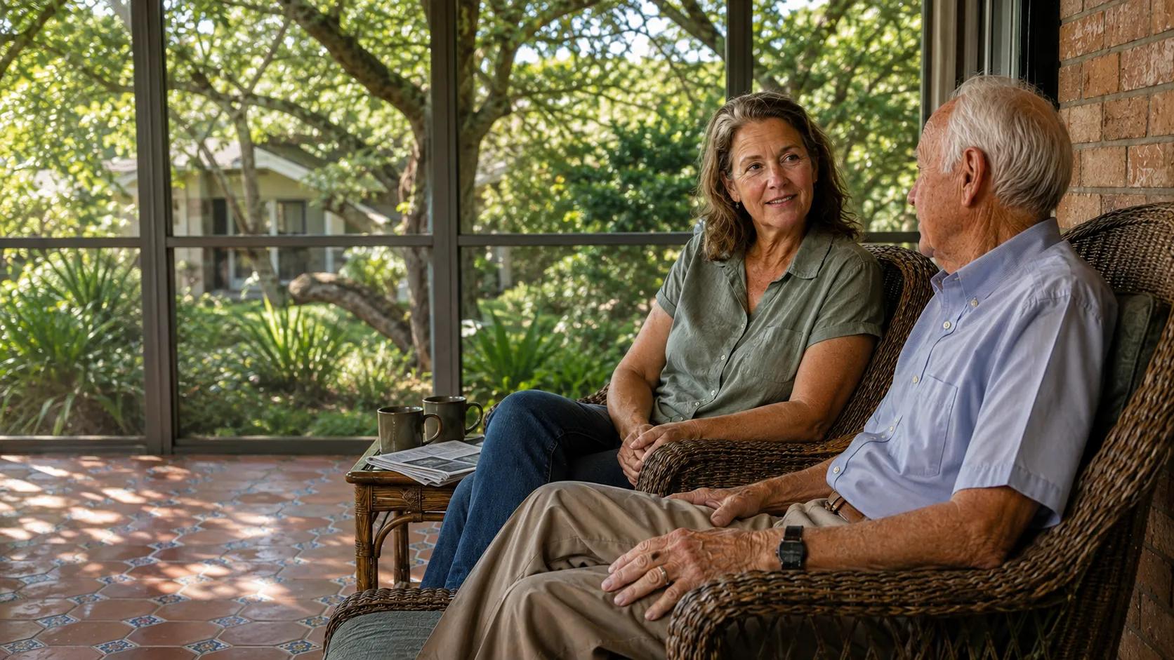 Adult daughter and her elderly father talking over coffee while weighing aging in place vs assisted living