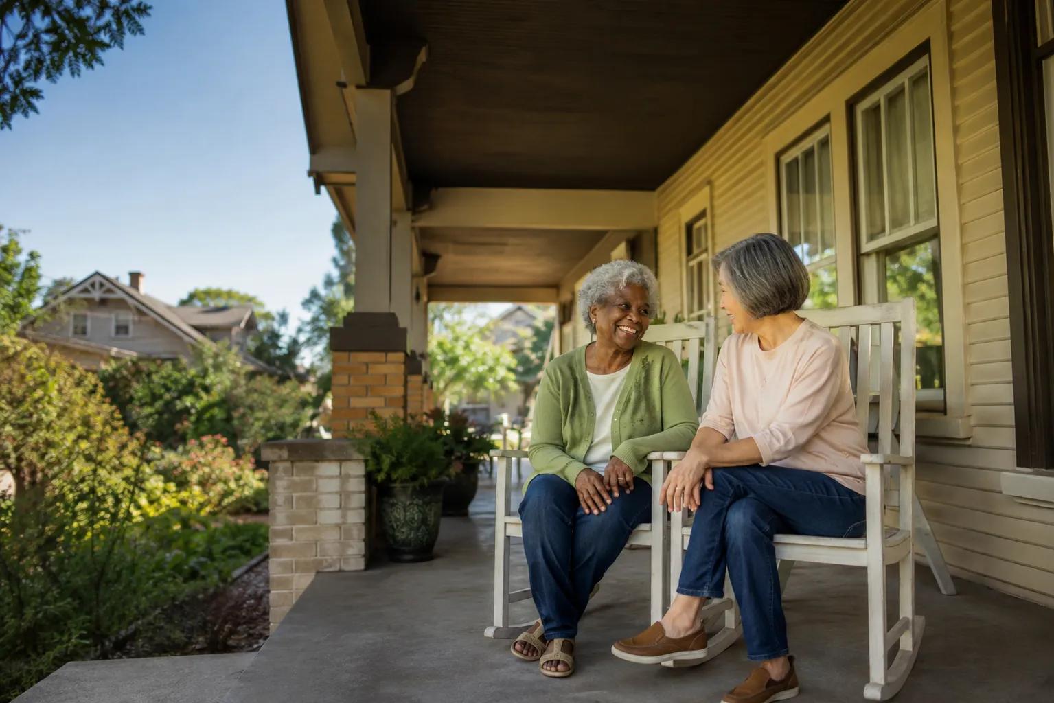 Two women chatting on a Craftsman porch, easing loneliness and social isolation in seniors in Austin
