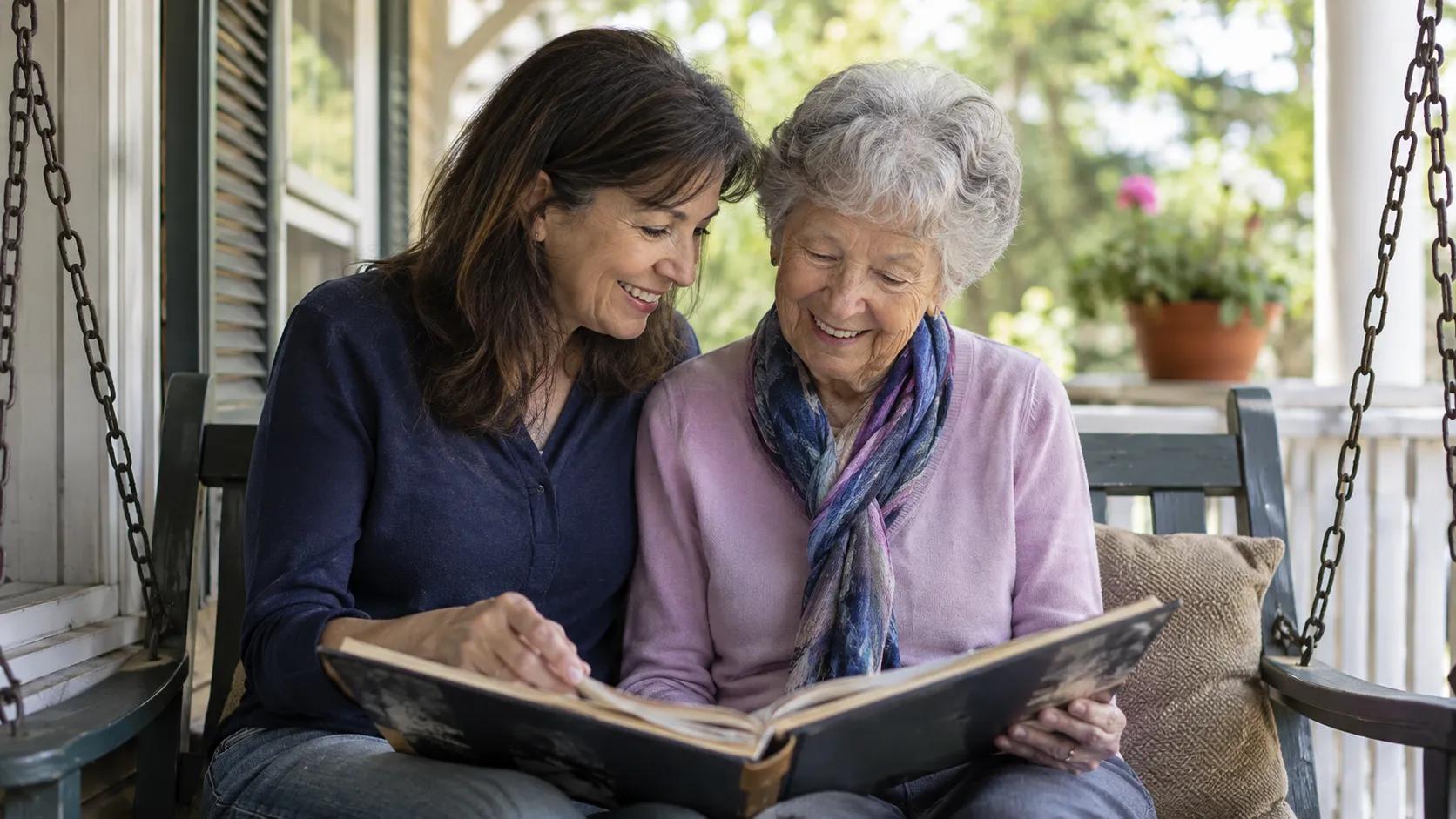 Adult daughter and senior mother discussing memory care vs assisted living options