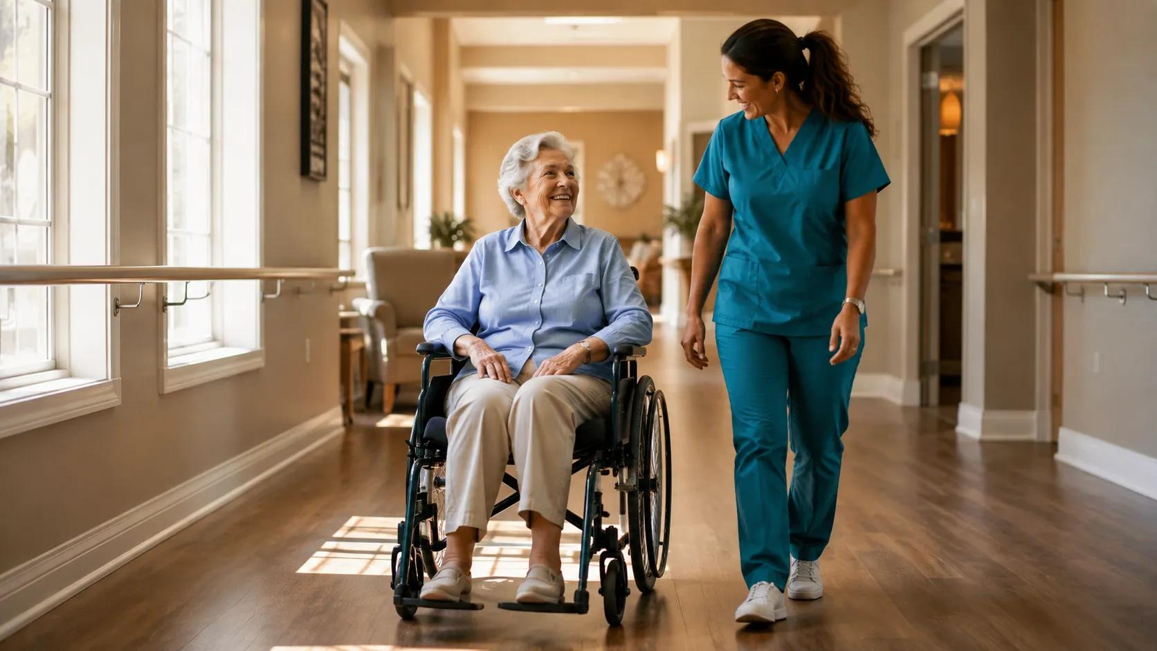 Senior woman in wheelchair moving through a wide, accessible assisted living hallway