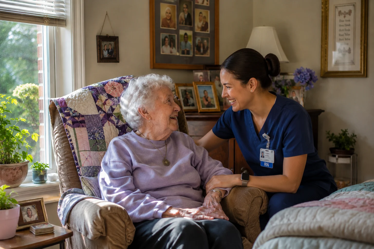 Senior woman and adult daughter talking in an assisted living apartment