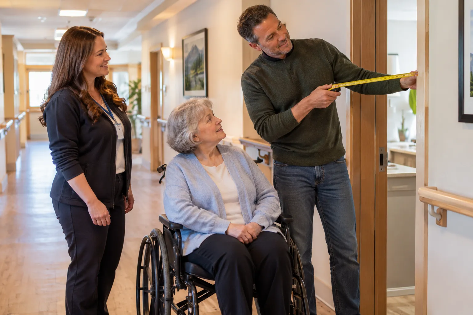 Family touring an assisted living facility with a senior in a wheelchair, measuring a doorway with a tape measure
