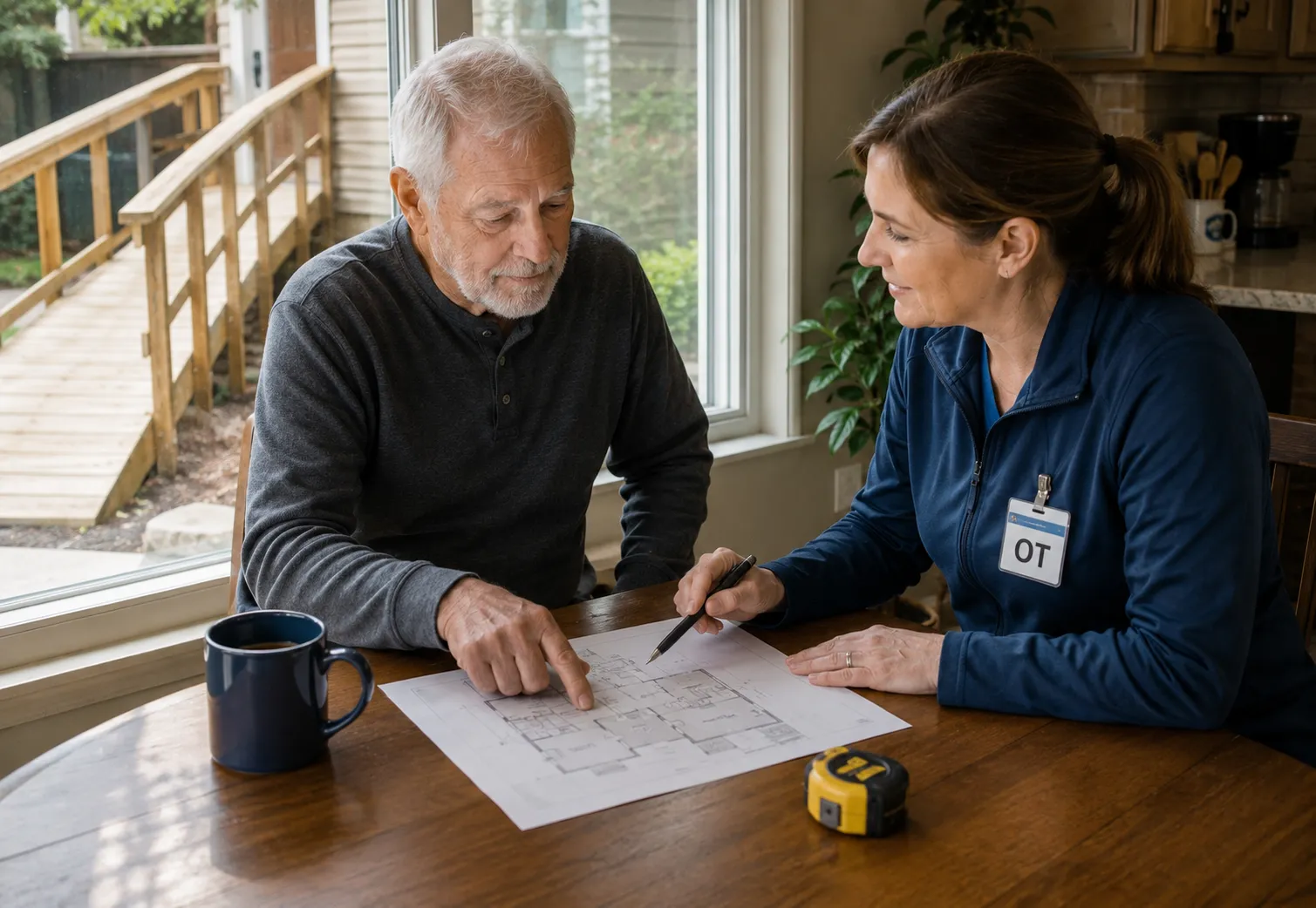 Occupational therapist and senior reviewing home modifications for aging in place, with an entry ramp outside