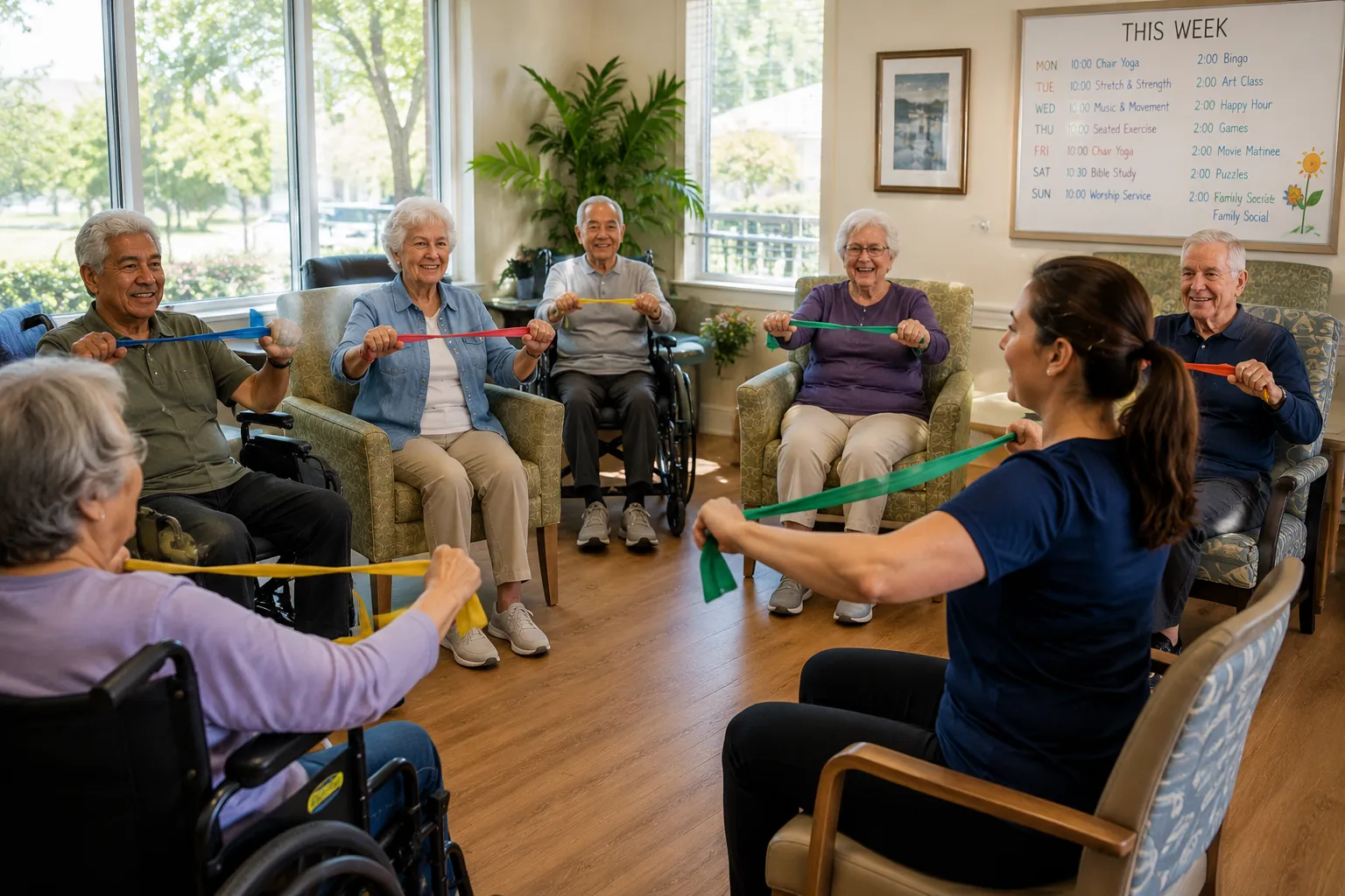 Seated exercise class for seniors with limited mobility led by a physical therapist in a community room